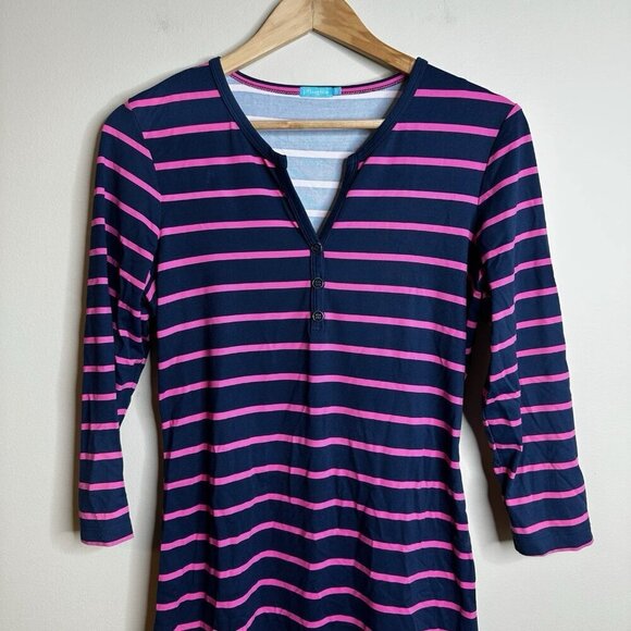 J‎ McLaughlin Lynn Henley Catalina Cloth Navy Blue Pink Striped Dress Size Small - Picture 2 of 14